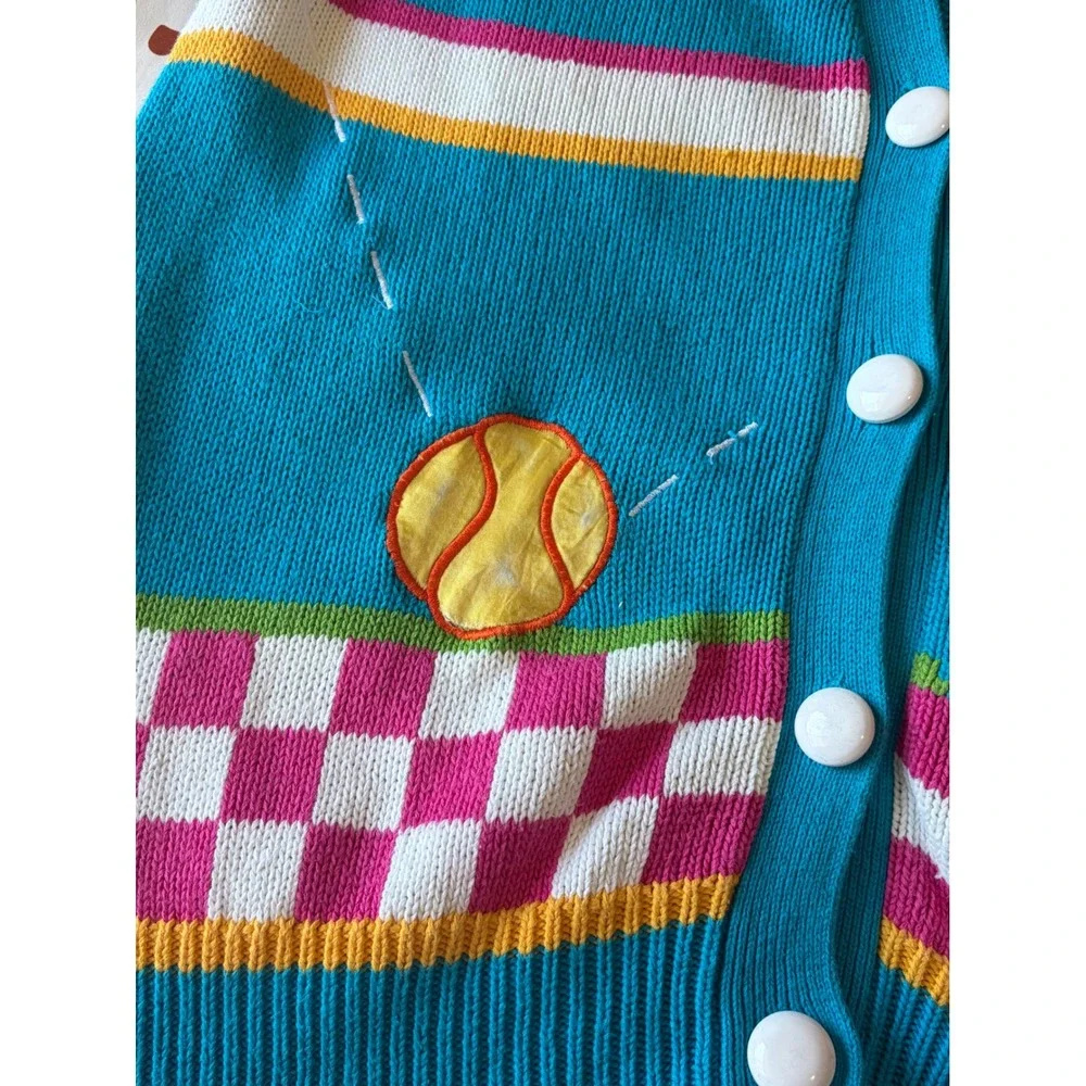 Lizi Ruch Vintage Tennis Sweater Vest Turquoise Blue Cotton Knit Cardigan Medium - Picture 3 of 10